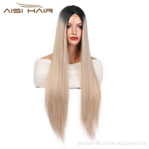 Aisi Hair New Design Long Silky Straight Wigs Ombre Blonde Swiss Lace Wig Synthetic Hair Lace Frontal Wigs For Black Women